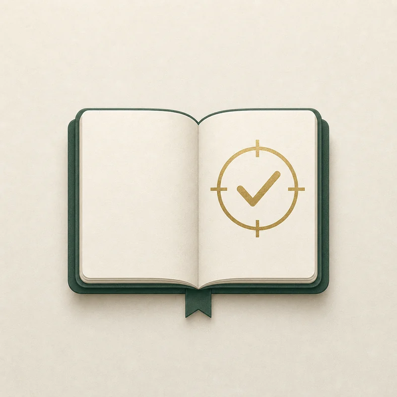 Offenes Notizbuch mit Zielmarke
